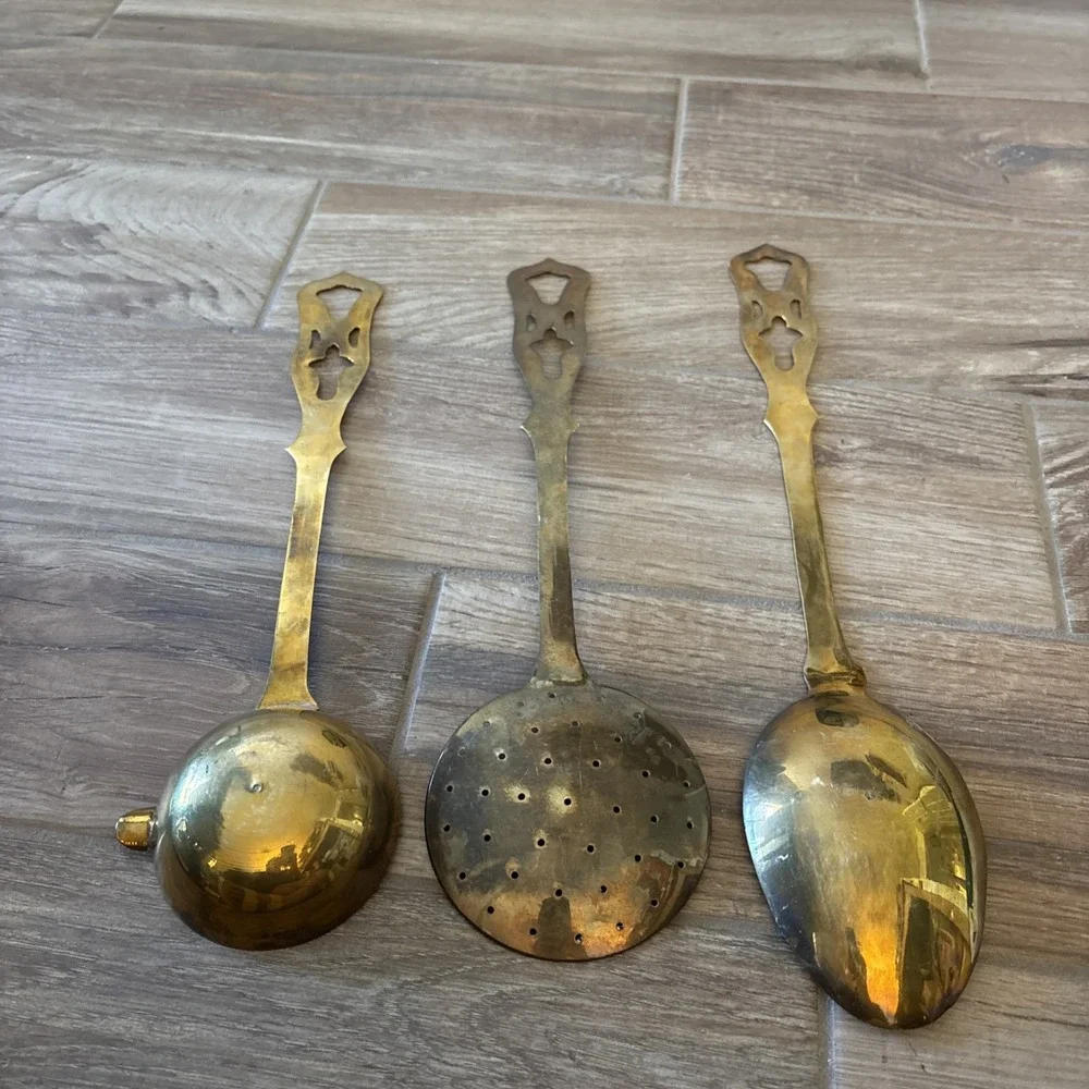 Antique Vintage Set of 3‎ Ornate Brass Serving Utensils